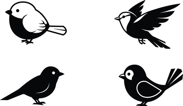 Black and white bird silhouettes vector set, minimalist bird icons, flying and standing birds, simple nature wildlife illustration design