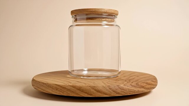 Empty Glass Jar with Cork Lid on Wooden Stand.