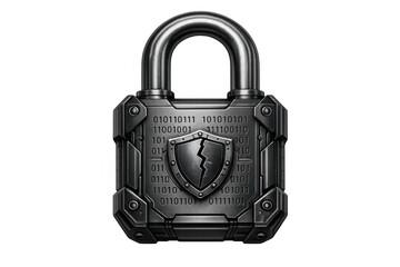 Digital lock with broken cyber shield showing data security breach and vulnerability on transparent background