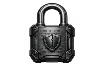 Digital lock with broken cyber shield showing data security breach and vulnerability on transparent background