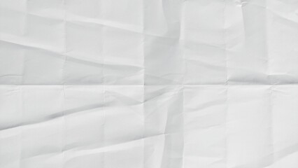 Crumpled white paper sheet texture with visible fold lines. Wrinkled folded white paper pattern background. Ideal paper surface for backgrounds, overlays, and advertising copy with space for text.
