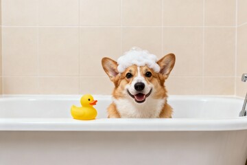 Corgi dog in bathtub with foam