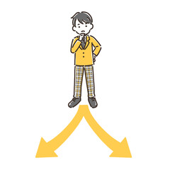 分かれ道で考えている制服姿の男の子／シンプルカラー