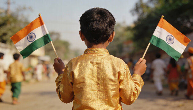 Indian Children Celebrating National Pride with Tricolor Flags