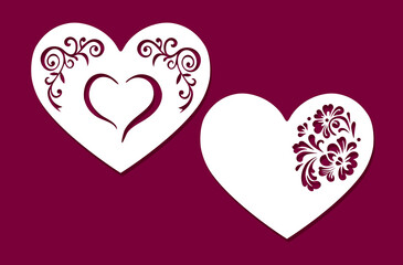A template of two hearts with a cut-out pattern for scrapbooking. Valentine's Day Greeting Card
