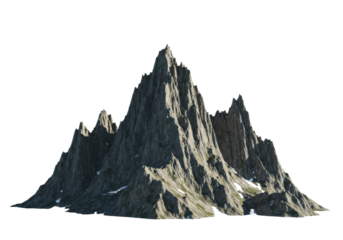 A towering mountain range of sharp, jagged granite peaks with deep fissures, dramatically isolated against a brilliant white background with extreme high contrast and copy space. concept of rugged