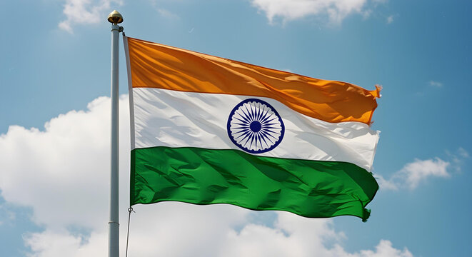 Indian Tricolor Flag Waving with Ashoka Chakra Cinematic Sky