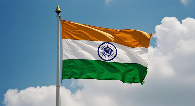 Indian Tricolor Flag Waving with Ashoka Chakra Cinematic Sky