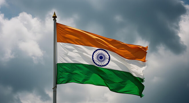 Indian Tricolor Flag Waving with Ashoka Chakra Cinematic Sky