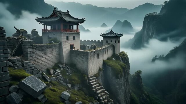 Forgotten Mountain Fortress__Ancient Chinese fortress remnants built on steep cliffside, 