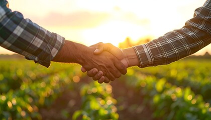 Two farmers shake hands over a lush field at sunset