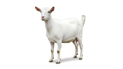 Obraz premium Stunning Full-Body Portrait of a Beautiful White Dairy Goat (Capra Aegagrus Hircus) Isolated on Clean White Background, High-Resolution Stock Image for Farming, Agriculture, and Natural Products