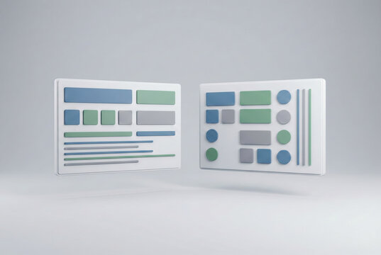 3D rendered abstract user interface panels with minimalist dashboard layout floating on white background - Powered by Adobe