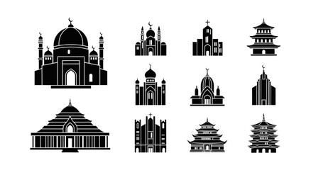 Embracing global spiritual diversity through a collection of stylized iconic architecture, representing various sacred places of worship and religious buildings worldwide