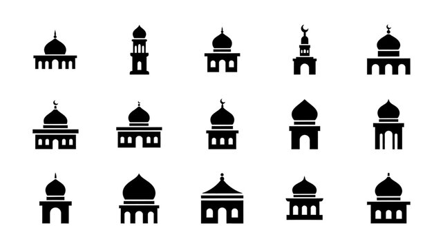 Collection of Islamic mosque architectural elements and building designs presented in a flat icon style for digital and print use