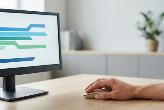 Close-up of male hand using wireless computer mouse at wooden desk with data analytics chart on monitor screen - Powered by Adobe