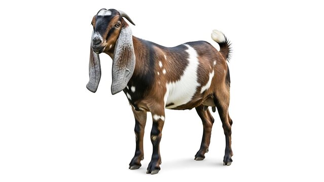 A portrait of a young brown horse and a goat standing isolated on a white background near farm livestock like cattle and milk cows grazing in a green nature pasture