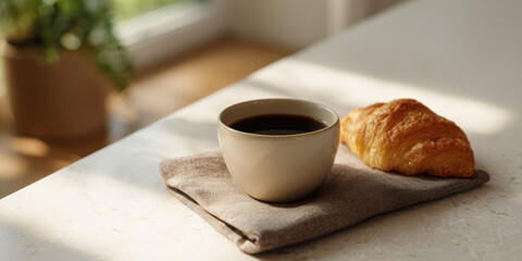 Coffee cup croissant breakfast pastry morning sunlight window kitchen napkin bathed in gentle light on clean countertop, ceramic mug with black coffee beside flaky buttery pastry, minimal mood