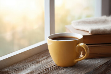 Coffee mug, yellow window sunlight wooden book cloth cozy morning mood with warm aroma, quiet moment for reading, gentle light and calm comfort near pane, simple pause before day