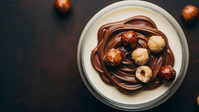 Chocolate Hazelnut Spread Swirl with Whole and White Hazelnuts on White Plate Dark Background