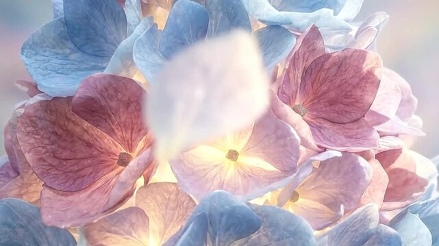 A breathtaking close-up features delicate, translucent petals in enchanting pastel shades of blue, pink, and purple, softly glowing from within. Gentle, ethereal elements float gracefully around the v