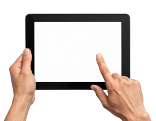 Male hands holding a digital tablet with a blank screen, finger tapping it. Isolated on transparent background