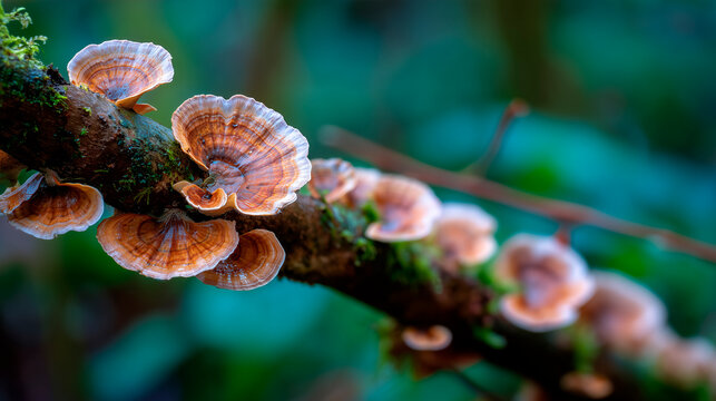 Anise mazegill fungus grows on tree branch. Gloeophyllum odoratum is brown rot polypore. Close up view of mushroom with pattern, growing in forest. Wild fungus in green nature