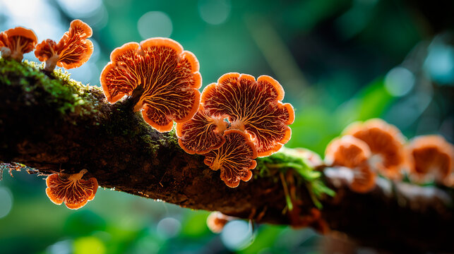 Anise mazegill fungus grows on tree branch. Gloeophyllum odoratum is brown rot polypore. Close up view of mushroom with pattern, growing in forest. Wild fungus in green nature