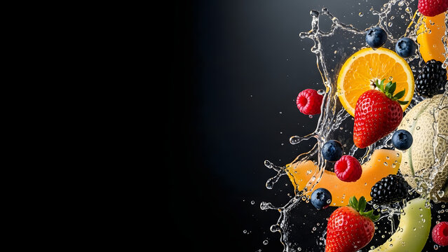 Vibrant mixed berries and fresh fruits including strawberries blueberries oranges and melon splash dynamically through clear water This refreshing cascade against a dark background highlights natural. - Powered by Adobe