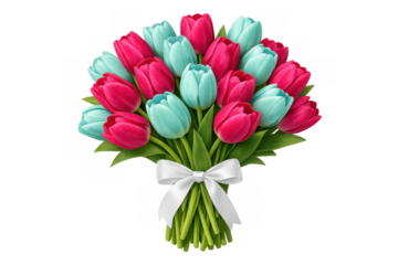 Bouquet of vibrant pink and blue tulips wrapped with a white ribbon, celebrating spring and special occasions