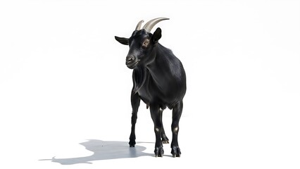 Sleek Black Goat Isolated on Pure White Background - Stunning Full-Body Studio Shot of Caprine Animal with Majestic Horns, Perfect for Agriculture, Farm, and Mascot Designs