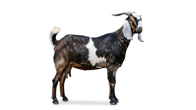 Detailed Portrait of a Nubian Goat Doe Standing Isolated on a Pure White Background, Featuring Distinctive Long Ears, Horns, and Beautiful Mottled Black, Brown, and White Coat.
