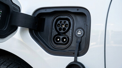 electric vehicle charging port and socket on white car body. CCS type 2 connector inlet for EV battery refueling and sustainable transportation technology.