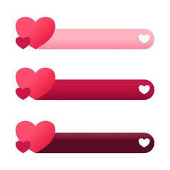 A set of three UI labels or header bars. each featuring a romantic heart theme. Every bar is designed with a long, rounded rectangular field in varying shades of pink, magenta, and deep burgundy
