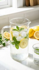 Fototapeta premium Refreshing lemon infused water in a glass pitcher with ice cubes and mint leaves