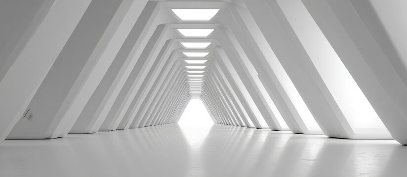 Modern architectural hallway with angled supports leading toward bright light at the vanishing point