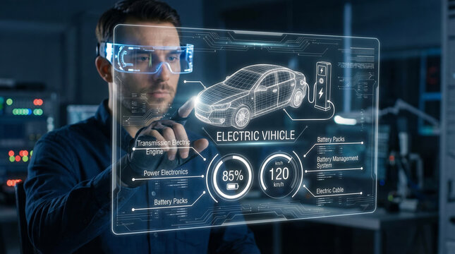 Engineer with AR glasses analyzing electric vehicle battery and transmission system interface in laboratory, high-tech automotive research concept.