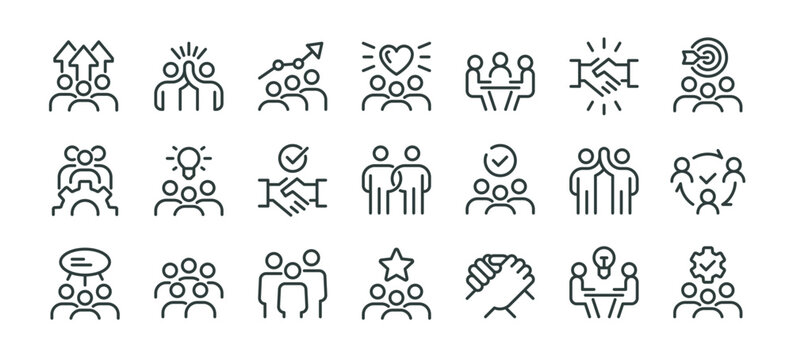 Collaboration community, group of people icons pack. Line signs teamwork business, cooperation and support, handshake. Thin vector icons set perfect for web app infographic social projects.