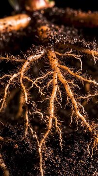 Detailed View of a Plant Root System Growing in Soil Shows Life's Beginning and Beauty