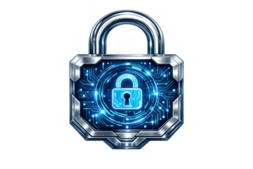 Digital padlock protecting data with electronic circuit board, securing cybersecurity and internet network privacy, transparent background