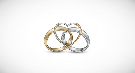 Interlocking gold and silver wedding rings displayed on a white background from a front viewpoint