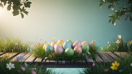 Easter sunday background with colorful eggs on wooden bridge