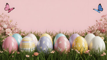 Easter sunday background with colorful eggs and butterflies