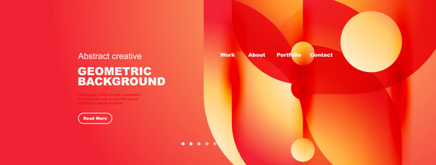 Red website header features abstract shapes, text elements, navigation menu. Modern design promotes creativity, geometric patterns.