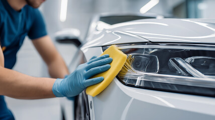 Mechanic is focused on restoring the paint finish of a car in a well-lit workshop space Generative AI