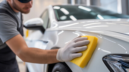 Naklejka premium A skilled mechanic carefully uses a sponge to repair the sleek paint of a car in a modern workshop Generative AI
