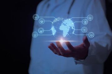 Efficient doctor using cloud technology managing global healthcare system with confidence and innovative digital connection interface