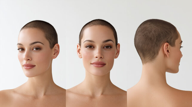 professional beauty catalog showing three views of a woman with a clean buzz cut hairstyle, front side and back view of a bold feminine shaved head on white background, modern hair styling and groomin