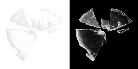 Shattered glass pieces on black and white backgrounds