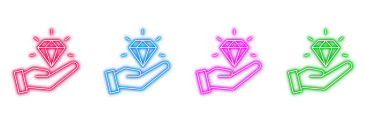 Neon glowing diamond in hand vector icons set, jewel, luxury, value, quality, modern glowing vibrant colorful digital design illustration on transparent background.